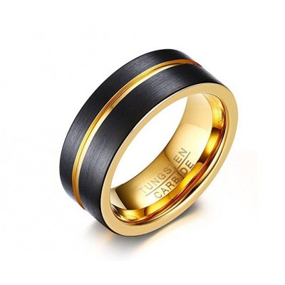 Artificial jewellery rings fashion black brushed and gold plate tungsten rings with grooved center jewellery for men and women